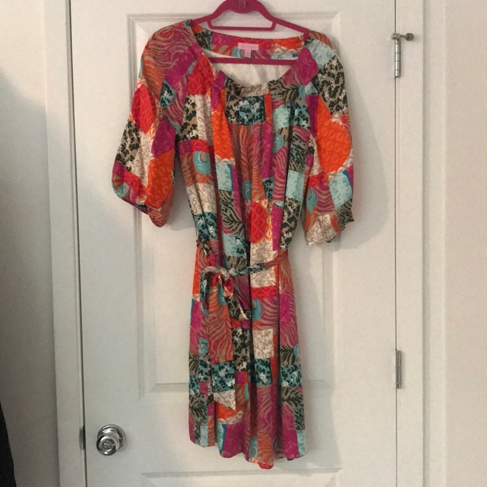 Lily Pulitzer silk dress patchwork pleated w/belt